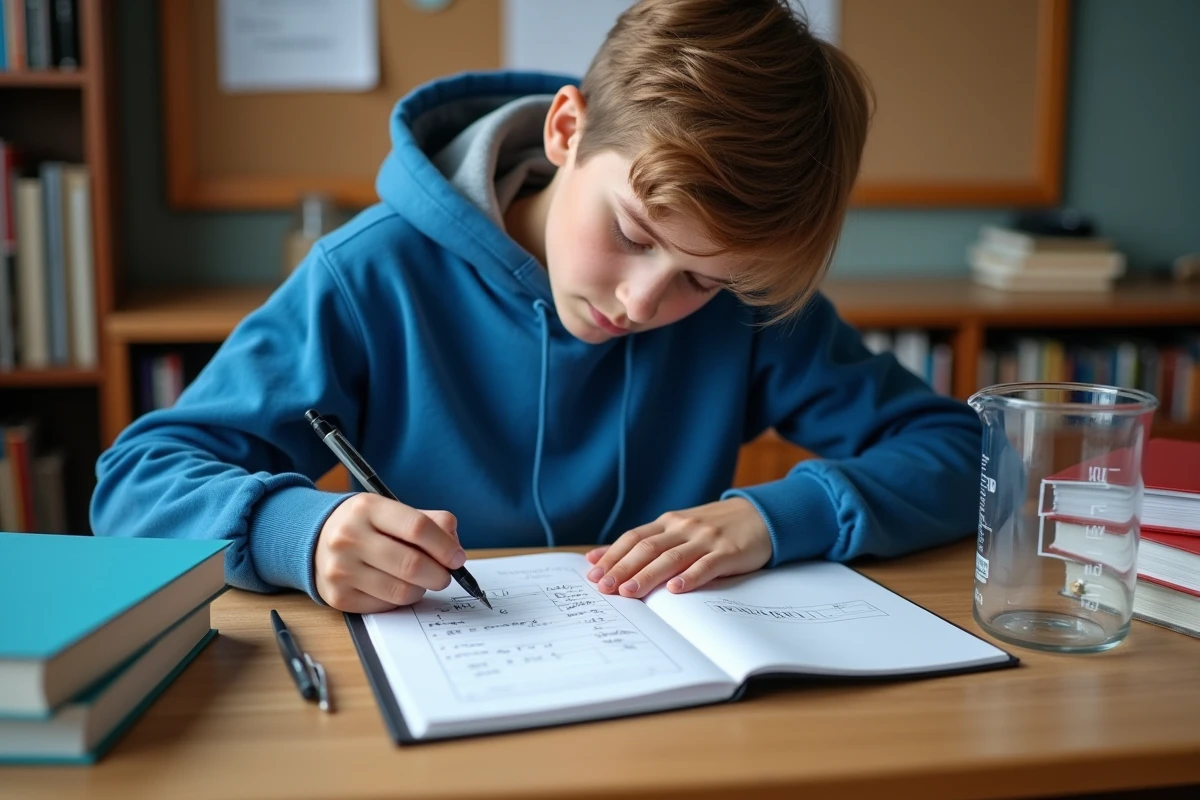 Adolescent écrivant une formule de conversion de centimètres cubes en litres dans un cahier quadrillé avec un cube en plastique et un bécher gradué sur le bureau
