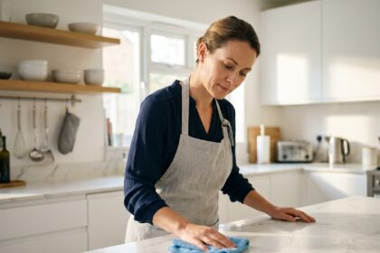 Femme effectuant l'entretien régulier d'une cuisine moderne avec un chiffon microfibre, illustrant la fréquence idéale de ménage à domicile