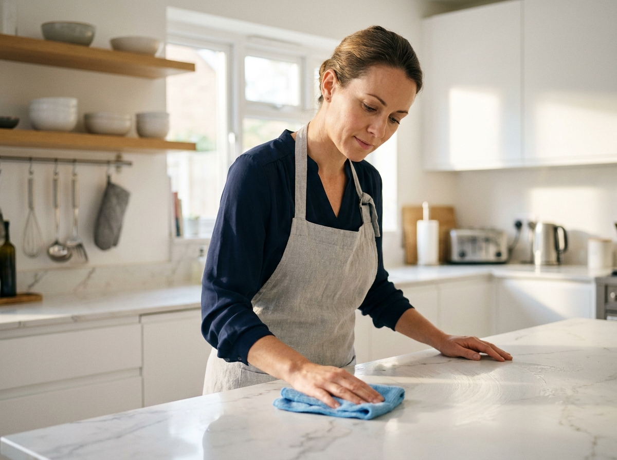 Femme effectuant l'entretien régulier d'une cuisine moderne avec un chiffon microfibre, illustrant la fréquence idéale de ménage à domicile