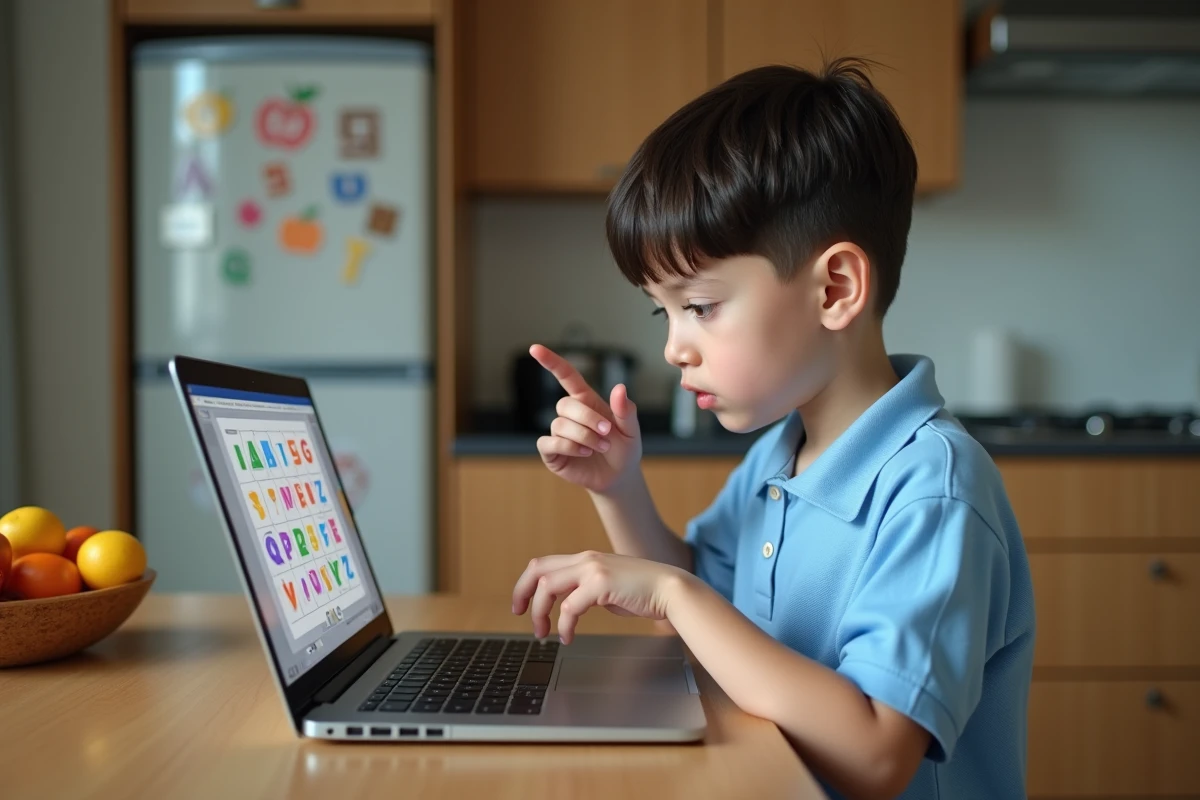 Jeune garçon réfléchissant à une solution sur un jeu de devinettes de mots français devant un ordinateur portable dans une cuisine