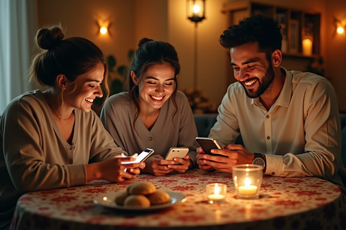 Groupe d'amis réunis autour d'une table qui partagent des vœux de bon Ramadan sur WhatsApp