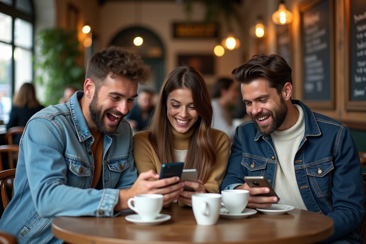 Groupe de personnes dans un café parisien réagissant ensemble aux résultats d'un quiz d'orientation politique républicaine