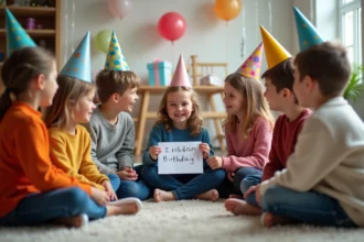 Enfants en cercle avec chapeaux de fête lors d'un anniversaire