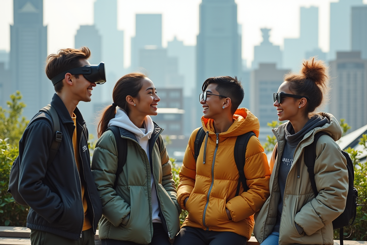 Groupe de jeunes en streetwear hightech sur un toit urbain