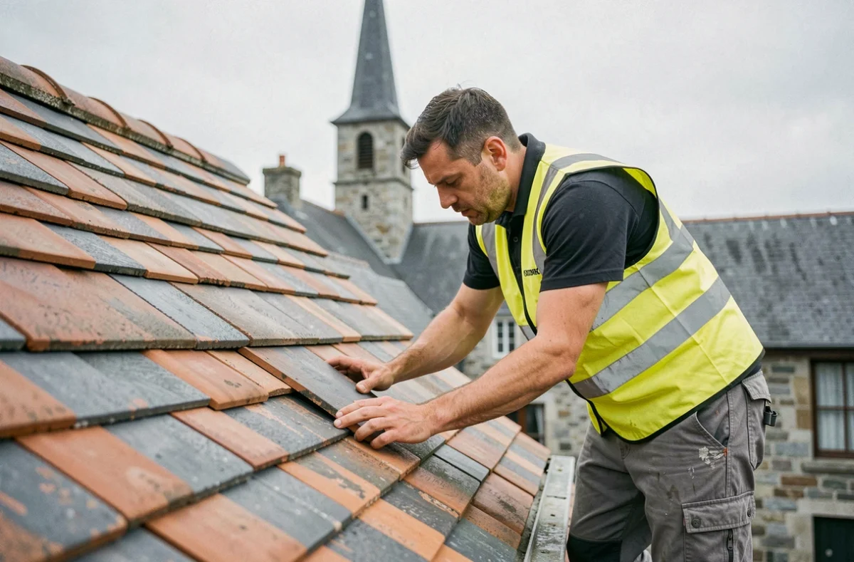Artisan couvreur de Guiriec Couverture posant des tuiles sur une maison en Finistère