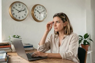 Femme consultant deux horloges murales indiquant l'heure de Paris et de La Réunion dans un bureau à domicile
