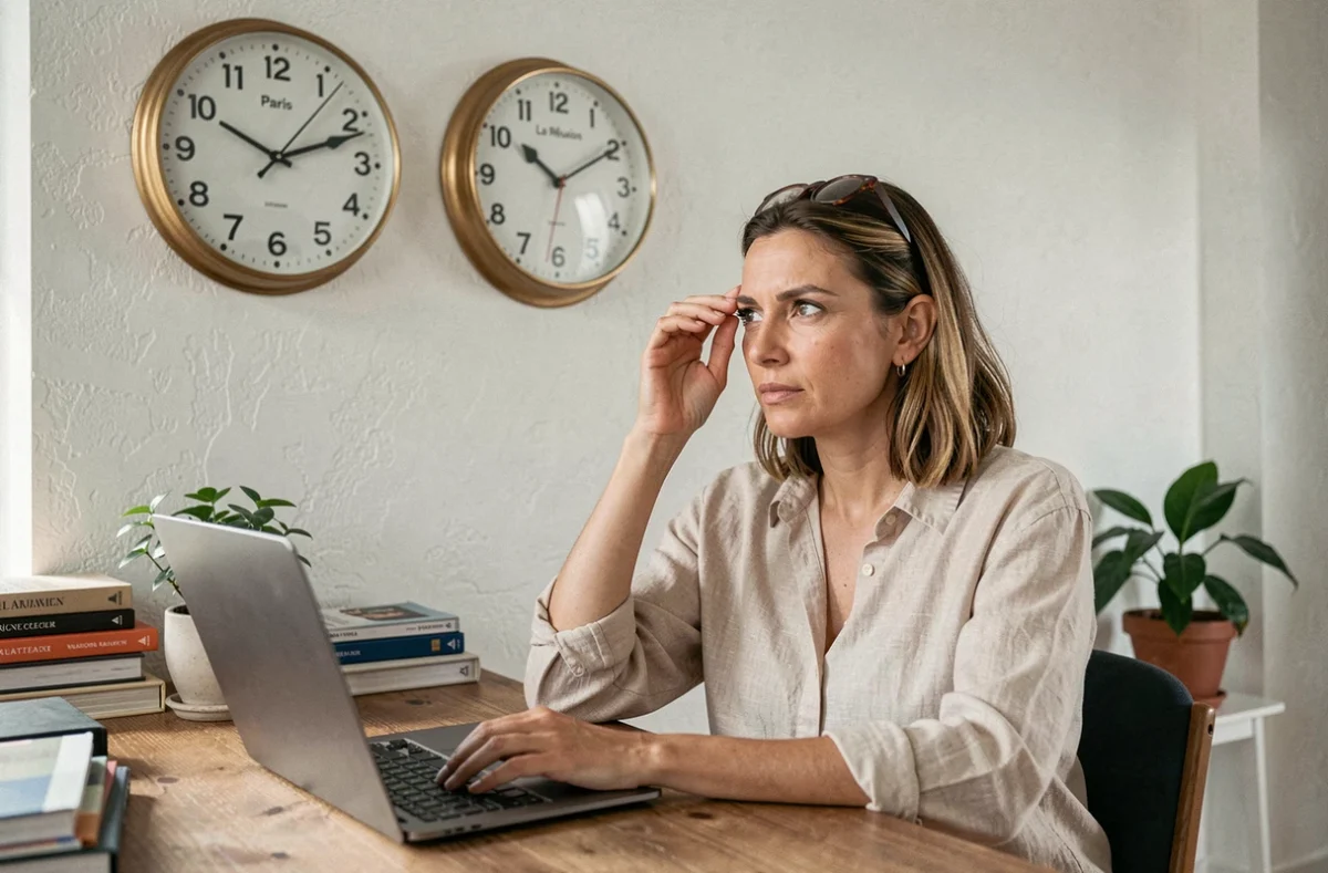 Femme consultant deux horloges murales indiquant l'heure de Paris et de La Réunion dans un bureau à domicile