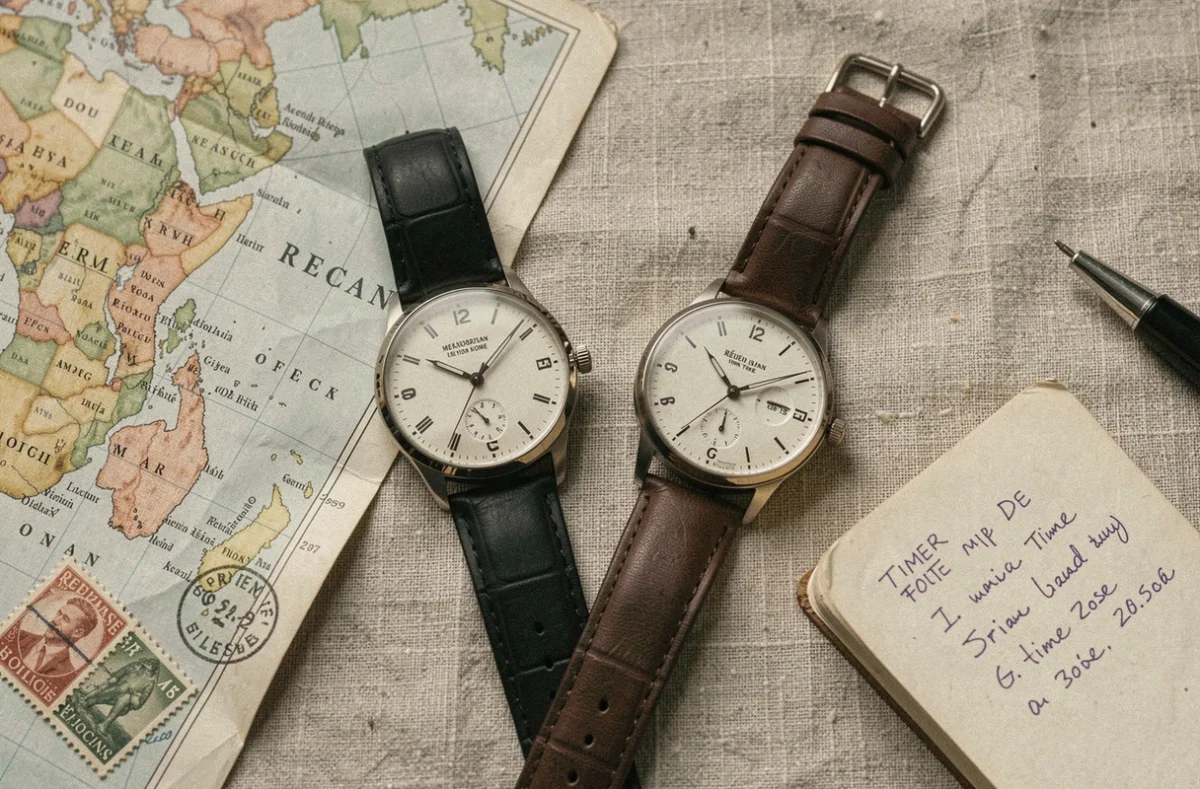 Deux montres affichant les fuseaux horaires de La Réunion et de la France métropolitaine posées sur du lin avec une carte de l'océan Indien