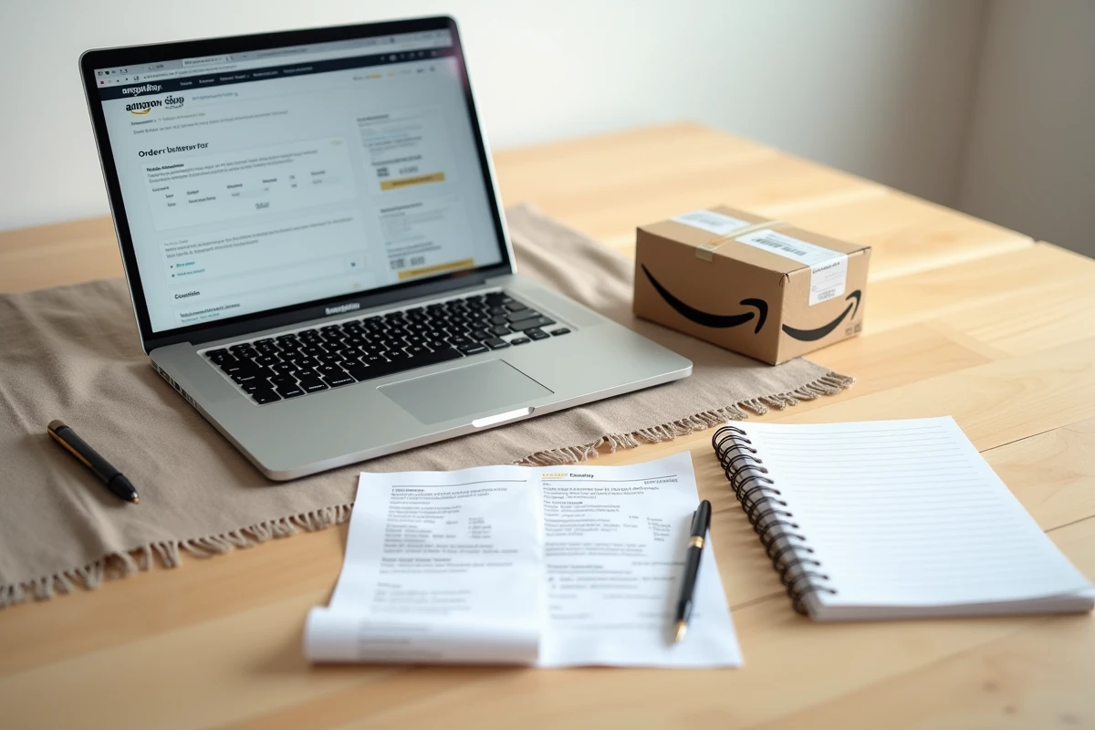 Vue à plat d'un historique de commande Amazon sur ordinateur avec reçu imprimé et colis sur une table en bois
