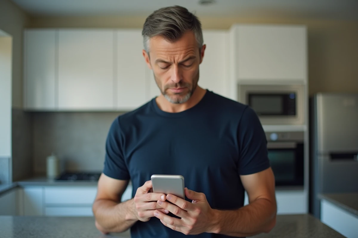 Homme utilisant l'application Amazon sur smartphone pour archiver une commande dans la cuisine