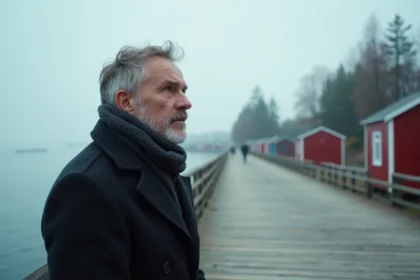 Homme contemplant la côte baltique à Sandhamn