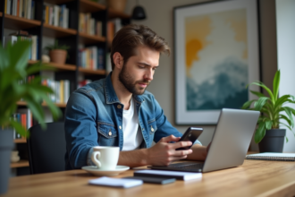 Homme au bureau moderne travaillant sur son ordinateur portable