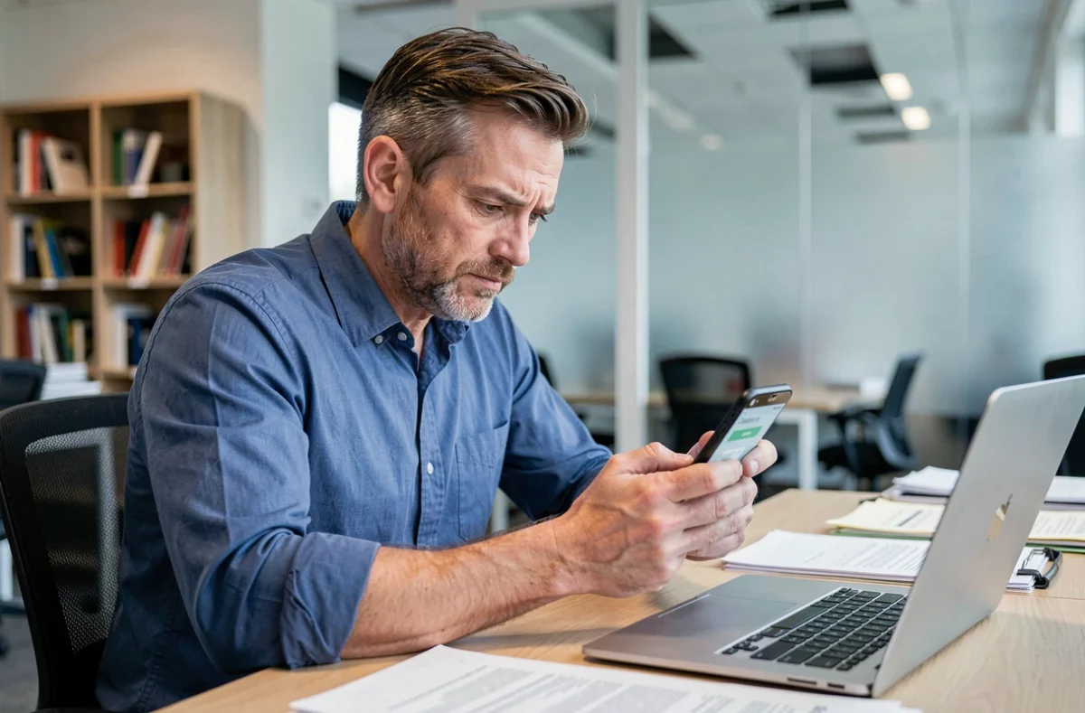 Homme en bureau consultant un numéro de portable gratuit inconnu sur son téléphone avec une expression méfiante