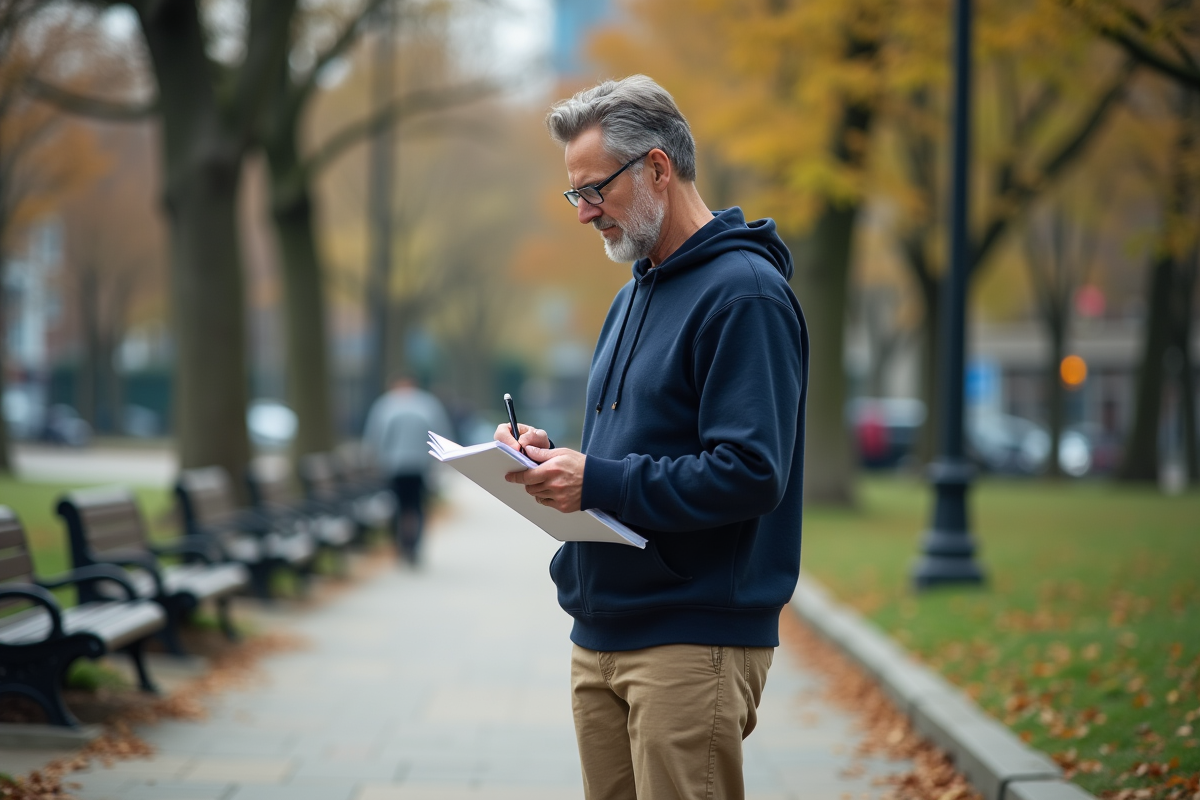 Homme esquissant dans un parc urbain en pleine nature