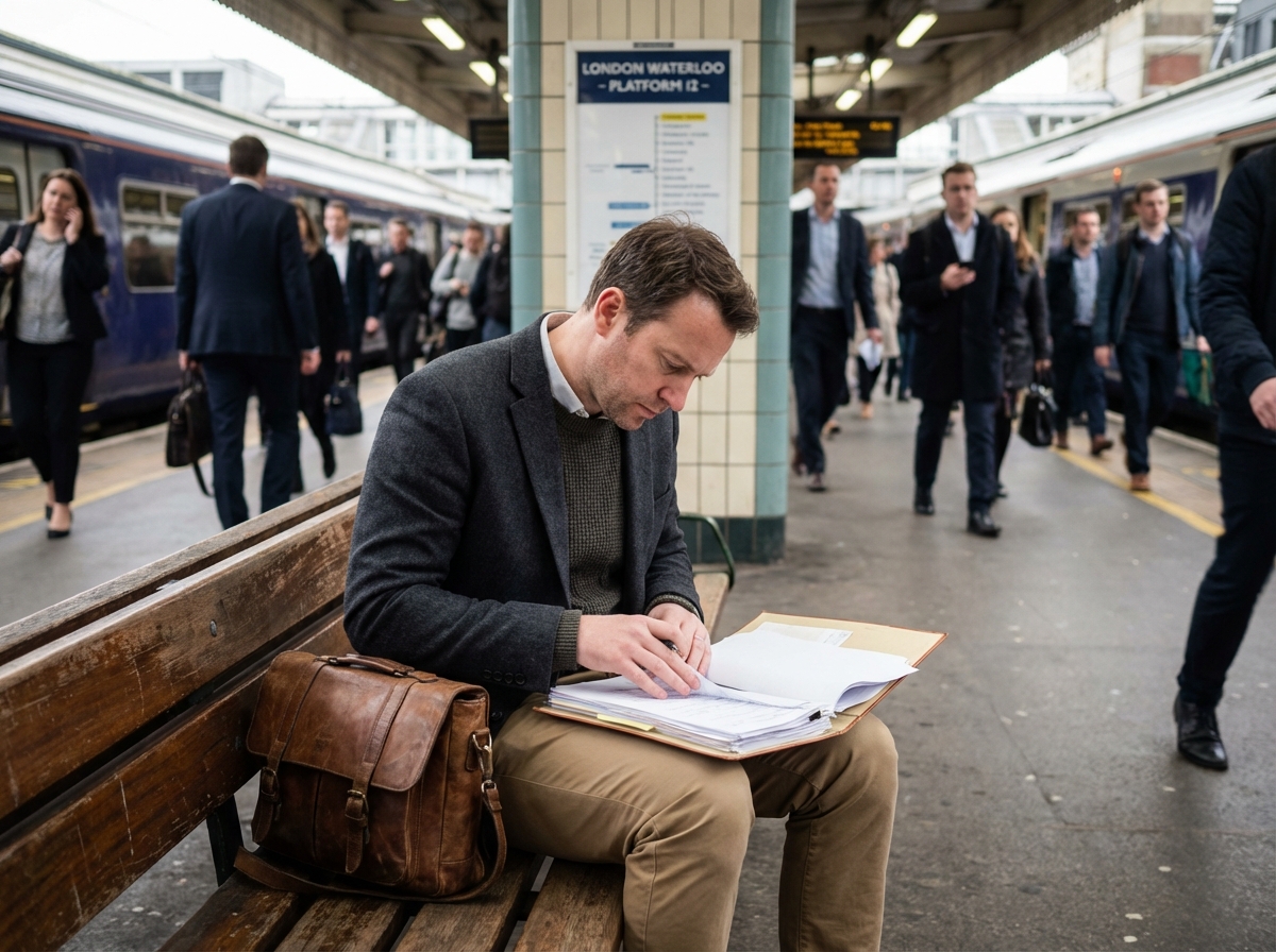 Homme lisant des documents dans une gare urbaine