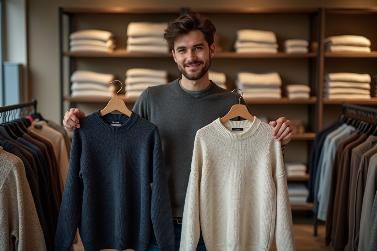 Jeune homme comparant deux pulls en magasin