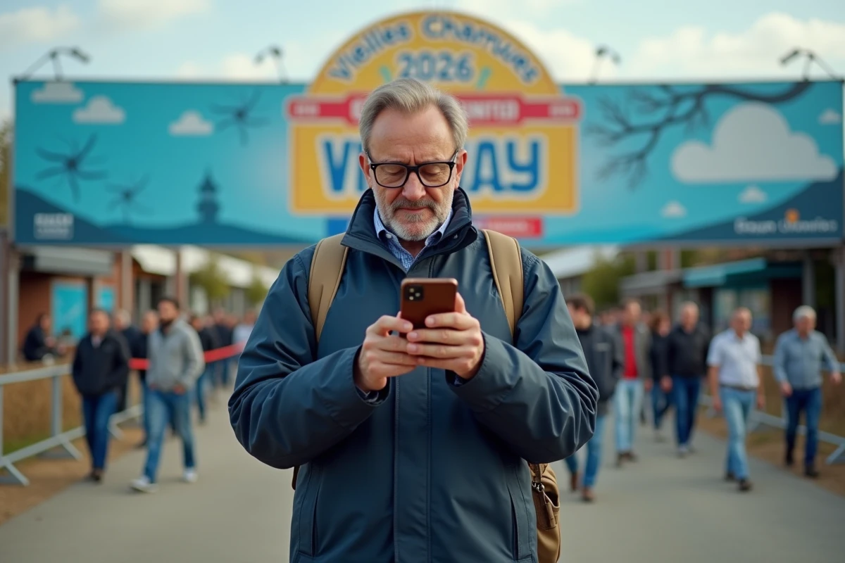 Homme regardant son smartphone devant le festival Vieilles Charrues