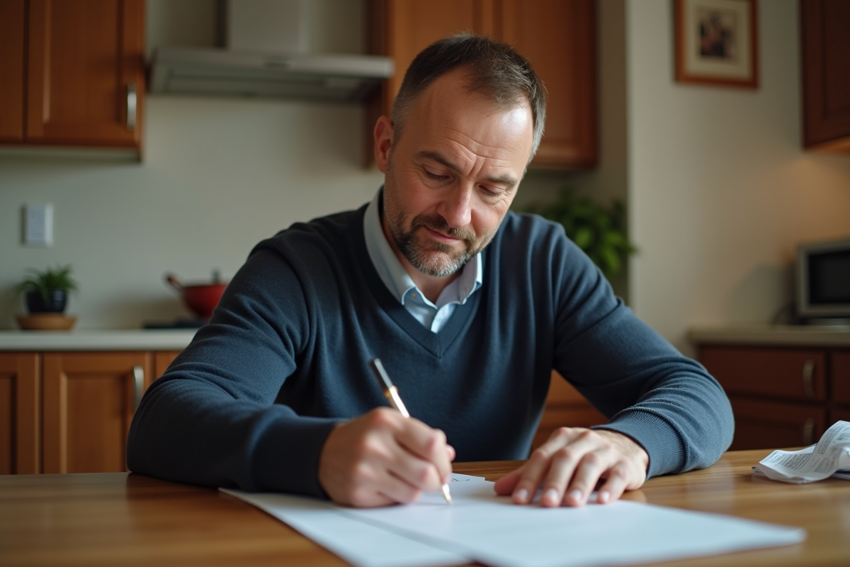 Homme d age remplissant un cheque dans sa cuisine