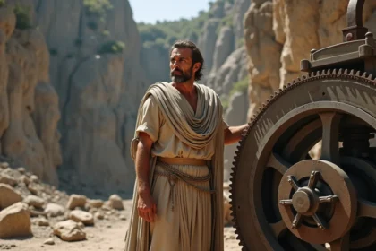 Homme en tunique grecque à côté d'une machine moderne en carrière