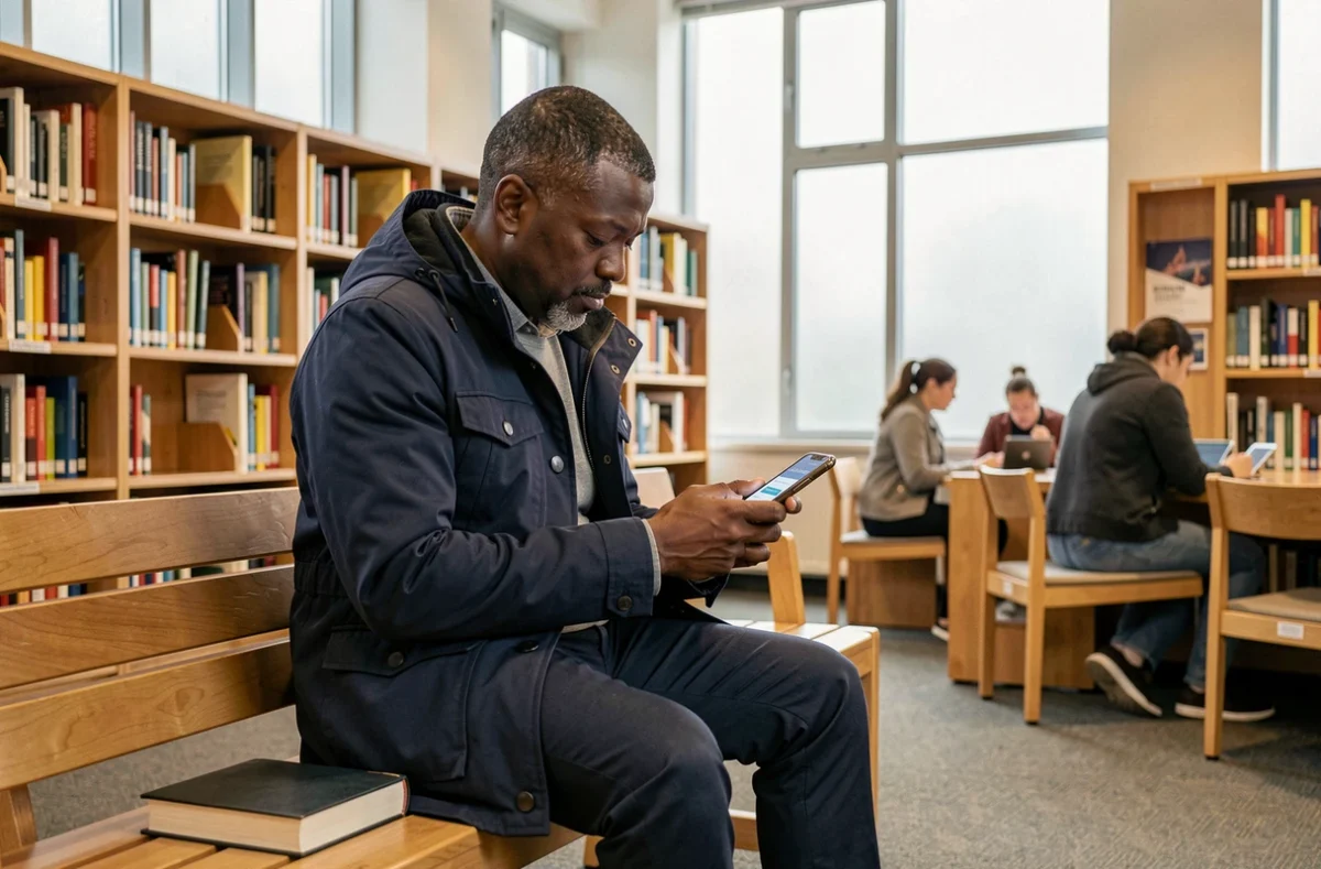 Homme consultant les horaires de prière islamique sur mobile dans une bibliothèque publique de Compiègne