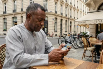 Homme consultant les horaires de prière sur smartphone en terrasse de café à Compiègne
