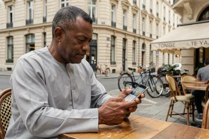 Homme consultant les horaires de prière sur smartphone en terrasse de café à Compiègne