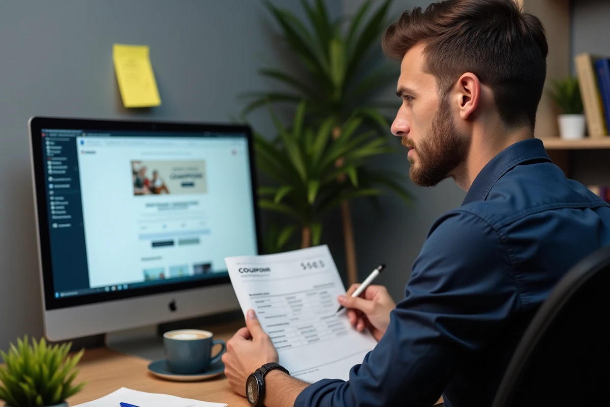 Homme imprimant des bons de réduction depuis un site web sur son ordinateur portable