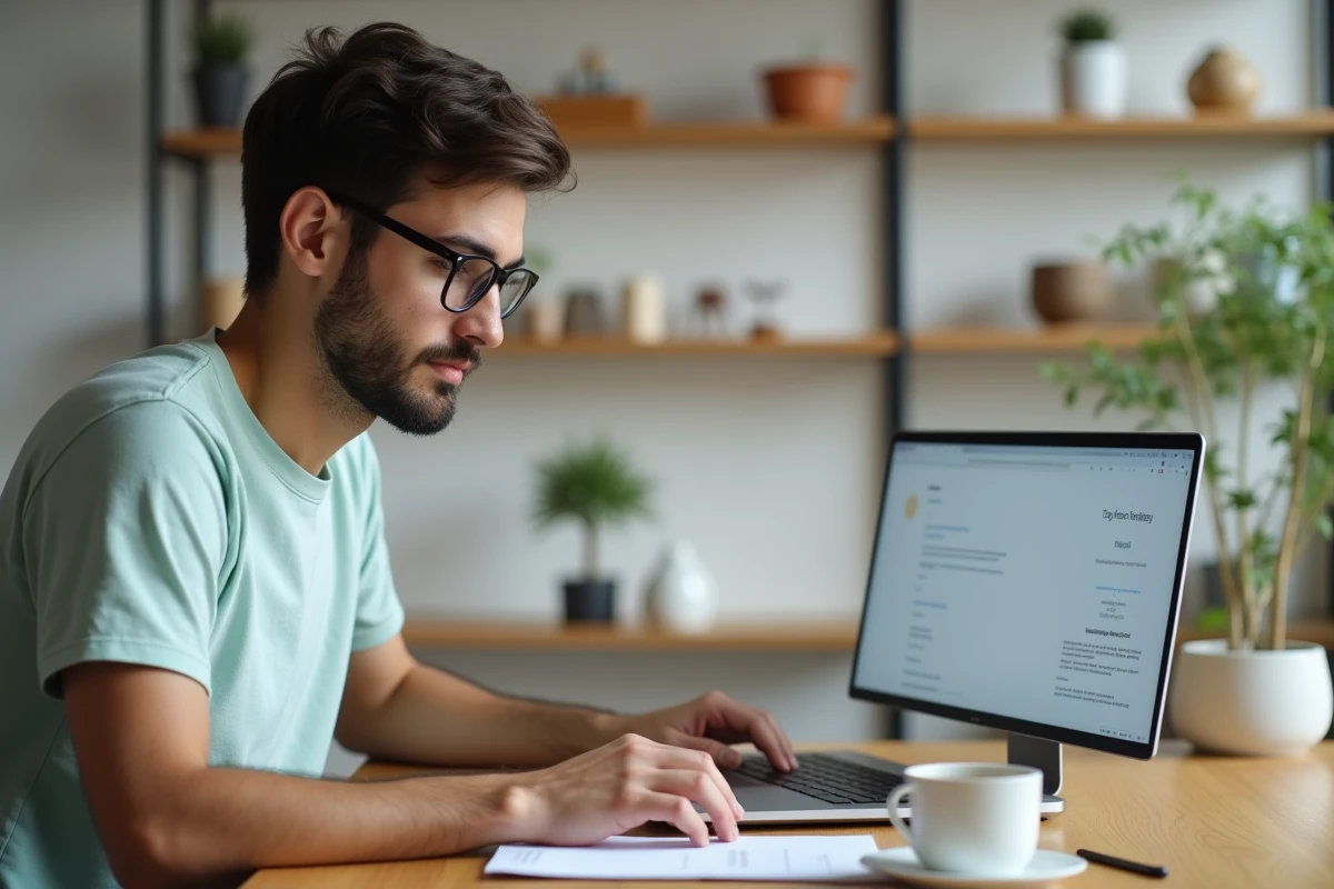 Homme en t-shirt lisant une page de conditions d