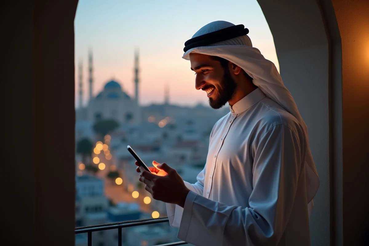 Jeune homme en tenue traditionnelle qui lit un message de Ramadan Mubarak sur son smartphone