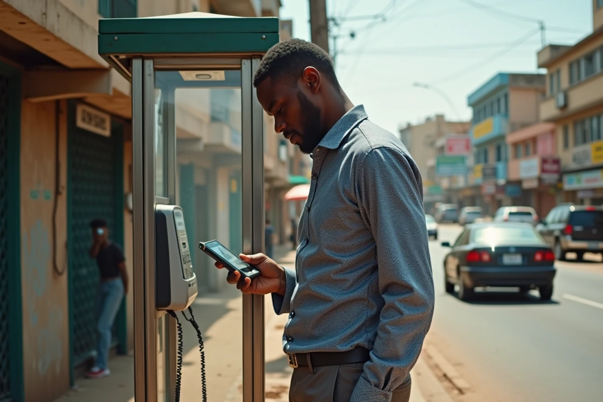 Homme nigérian au téléphone dans une rue animée de Lagos
