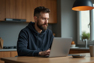 Homme barbu travaillant sur son ordinateur dans la cuisine