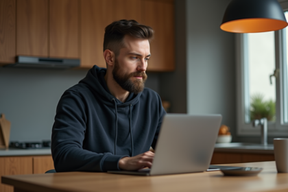 Homme barbu travaillant sur son ordinateur dans la cuisine