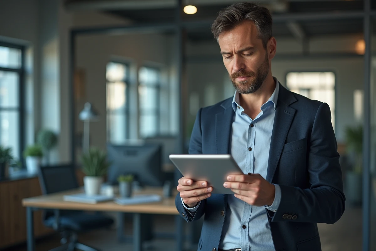 Homme en costume utilisant une tablette pour un quiz au bureau