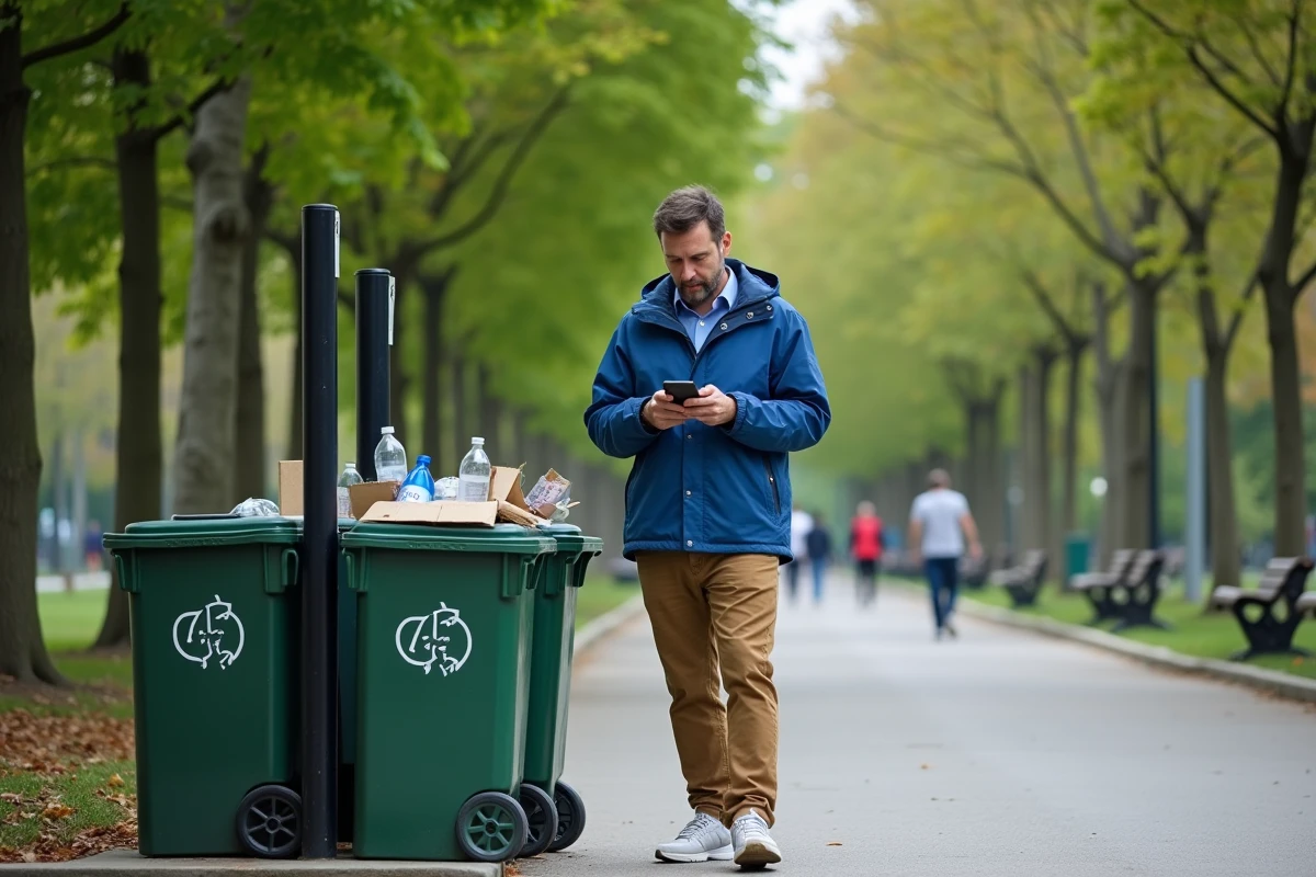Homme en extérieur triant des déchets dans un parc urbain