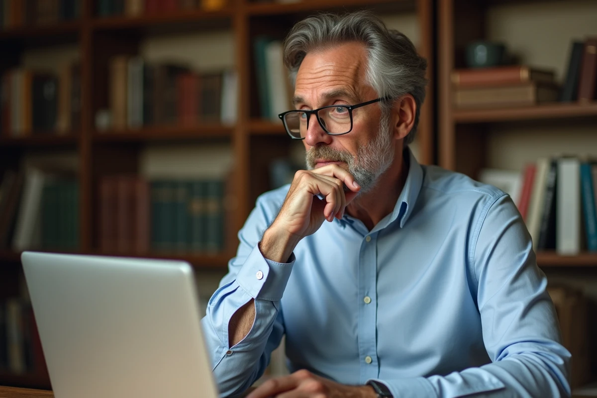 Homme réfléchi devant un ordinateur portant analysant un quiz d'orientation politique républicaine
