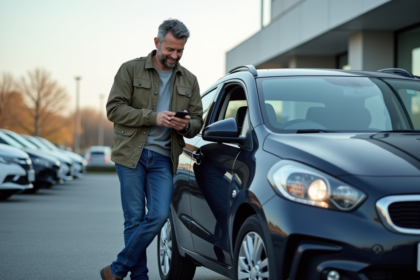 Homme d'âge moyen avec smartphone devant voiture moderne
