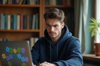 Jeune homme concentré devant un écran affichant le jeu Pedantix, stratégie de devinette de mots en ligne