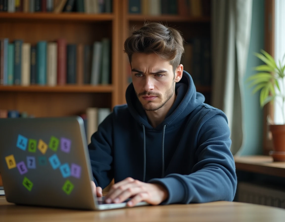 Jeune homme concentré devant un écran affichant le jeu Pedantix, stratégie de devinette de mots en ligne