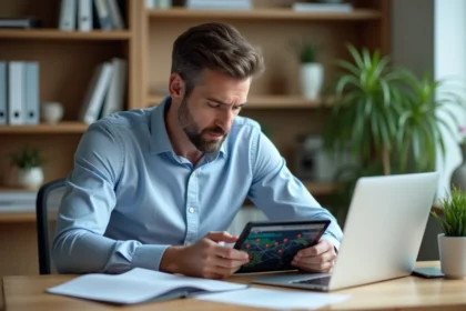 Homme d'affaires étudiant une carte digitale sur tablette dans un bureau