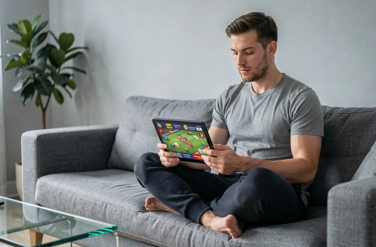 Homme sur canapé consultant des ressources de dés gratuits Monopoly GO sur tablette