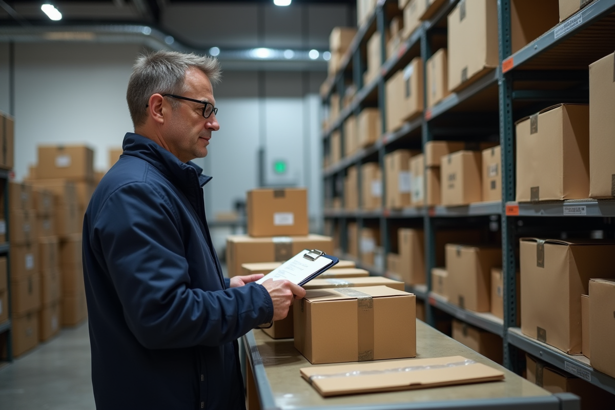 Homme avec clipboard vérifie colis dans entrepôt urbain