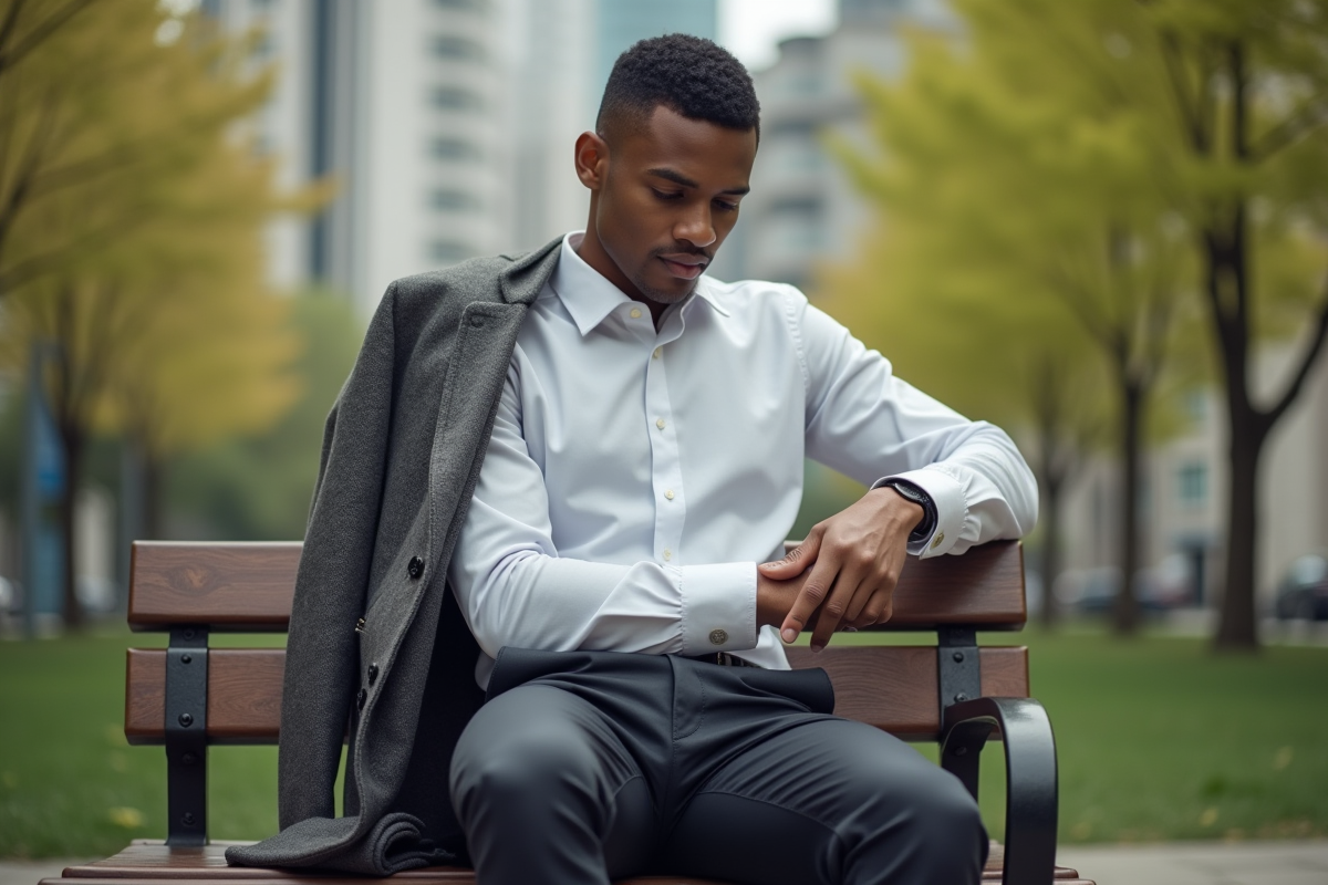 Homme en tenue casual examinant une veste en parc urbain