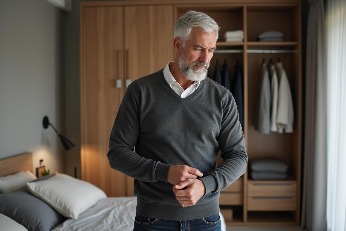 Homme en pull gris ajustant sa manche dans une chambre