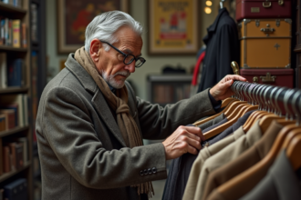 Homme age vintage triant manteaux dans boutique parisienne