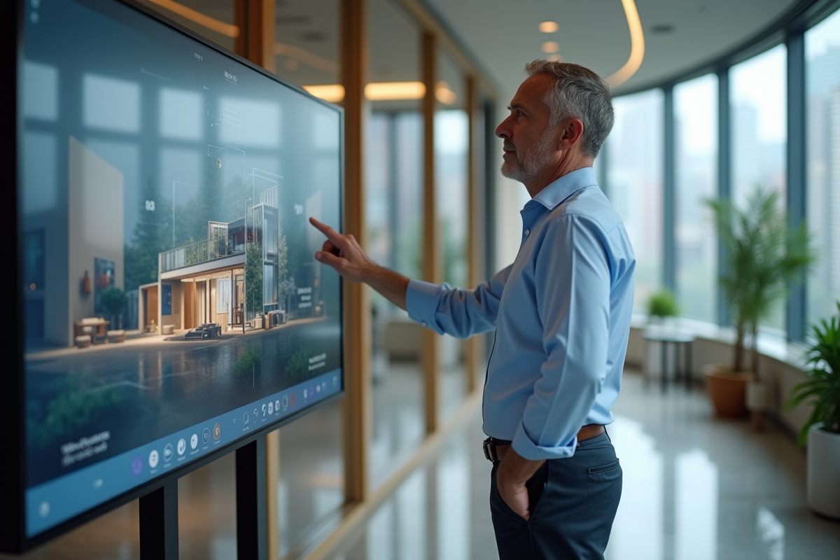 Homme utilisant un écran tactile pour une visite virtuelle d appartement