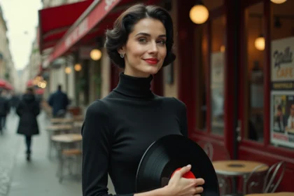 Femme élégante en style yéyé des années 60 devant un café parisien tenant un disque vinyle, évoquant la chanson française des sixties