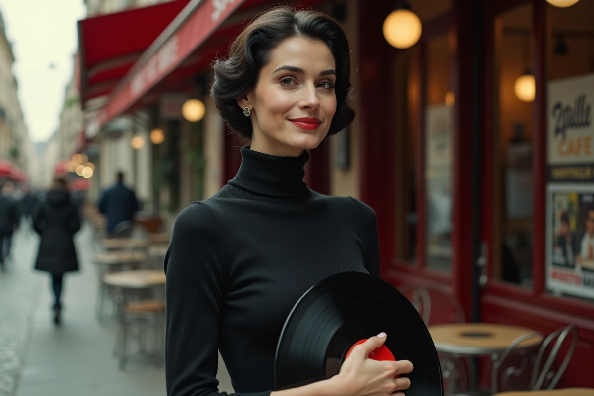 Femme élégante en style yéyé des années 60 devant un café parisien tenant un disque vinyle, évoquant la chanson française des sixties