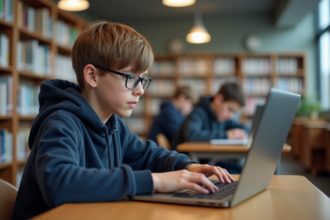 Jeune garçon avec ordinateur dans une bibliothèque moderne