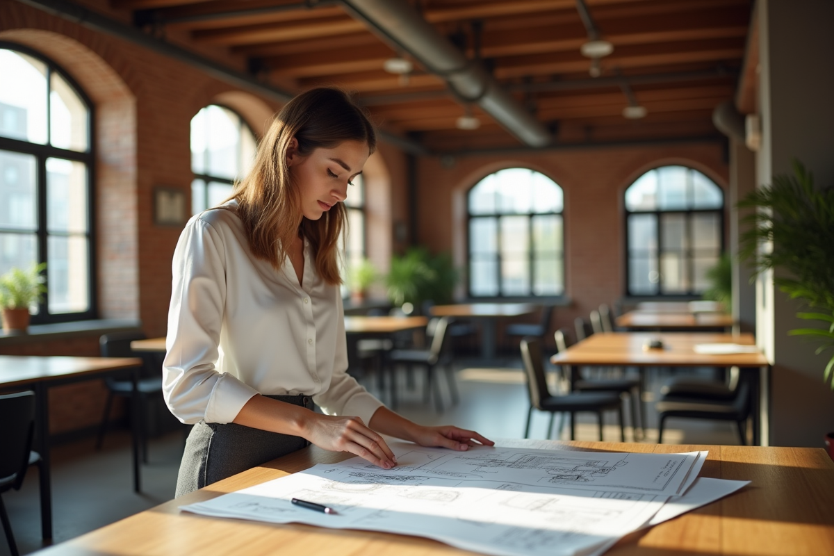 Jeune architecte dans un bureau lumineux avec plans et briques