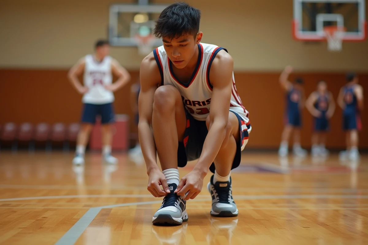 Jeune joueur de basketball en train de lacer ses chaussures dans un gymnase